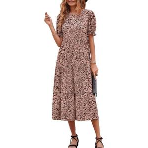 imagePRETTYGARDEN Womens Summer Casual Boho Dress Floral Print Ruffle Puff Short Sleeve Flowy Midi Beach Party DressesKhaki Black Leopard