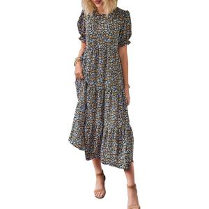 imagePRETTYGARDEN Womens Summer Casual Boho Dress Floral Print Ruffle Puff Short Sleeve Flowy Midi Beach Party DressesNavy Floral