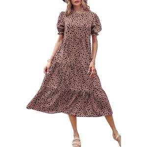 imagePRETTYGARDEN Womens Summer Casual Boho Dress Floral Print Ruffle Puff Short Sleeve Flowy Midi Beach Party DressesPink