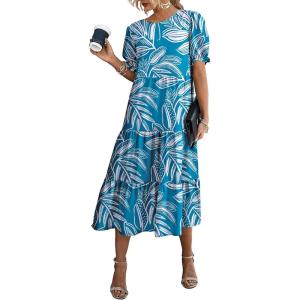 imagePRETTYGARDEN Womens Summer Casual Boho Dress Floral Print Ruffle Puff Short Sleeve Flowy Midi Beach Party DressesPrint Blue