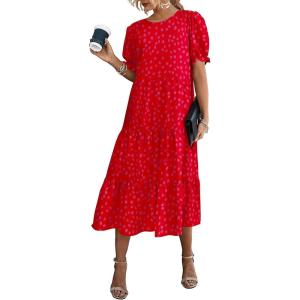 imagePRETTYGARDEN Womens Summer Casual Boho Dress Floral Print Ruffle Puff Short Sleeve Flowy Midi Beach Party DressesPrint Red