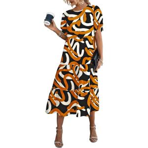 imagePRETTYGARDEN Womens Summer Casual Boho Dress Floral Print Ruffle Puff Short Sleeve Flowy Midi Beach Party DressesPrint Yellow White