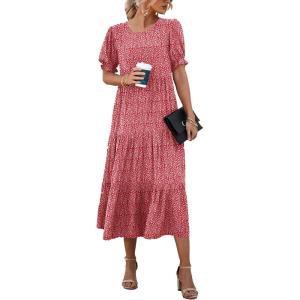 imagePRETTYGARDEN Womens Summer Casual Boho Dress Floral Print Ruffle Puff Short Sleeve Flowy Midi Beach Party DressesRed