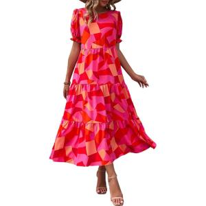 imagePRETTYGARDEN Womens Summer Casual Boho Dress Floral Print Ruffle Puff Short Sleeve Flowy Midi Beach Party DressesRed Block