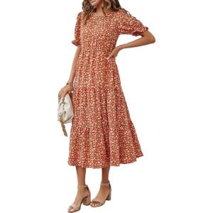 imagePRETTYGARDEN Womens Summer Casual Boho Dress Floral Print Ruffle Puff Short Sleeve Flowy Midi Beach Party DressesRed Orange Floral