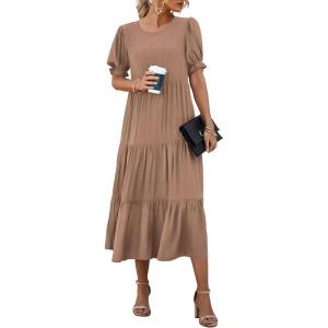 imagePRETTYGARDEN Womens Summer Casual Boho Dress Floral Print Ruffle Puff Short Sleeve Flowy Midi Beach Party DressesSolid Dark Khaki