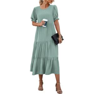 imagePRETTYGARDEN Womens Summer Casual Boho Dress Floral Print Ruffle Puff Short Sleeve Flowy Midi Beach Party DressesSolid Green