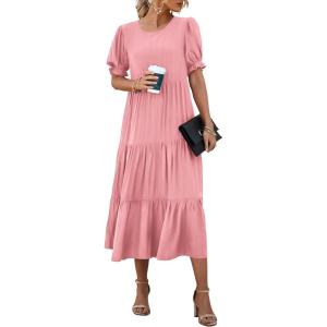 imagePRETTYGARDEN Womens Summer Casual Boho Dress Floral Print Ruffle Puff Short Sleeve Flowy Midi Beach Party DressesSolid Grey Pink