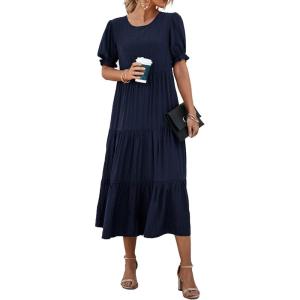 imagePRETTYGARDEN Womens Summer Casual Boho Dress Floral Print Ruffle Puff Short Sleeve Flowy Midi Beach Party DressesSolid Navy