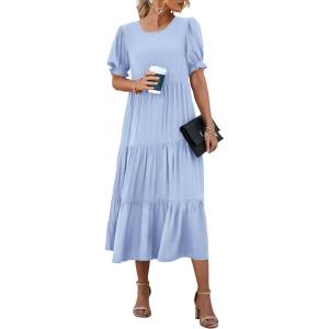 imagePRETTYGARDEN Womens Summer Casual Boho Dress Floral Print Ruffle Puff Short Sleeve Flowy Midi Beach Party DressesSolid Sky Blue