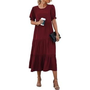 imagePRETTYGARDEN Womens Summer Casual Boho Dress Floral Print Ruffle Puff Short Sleeve Flowy Midi Beach Party DressesSolid Wine Red