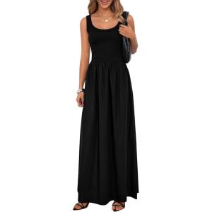 imagePRETTYGARDEN Womens Summer Casual Scoop Neck Sleeveless Long Dresses Tank Top Patchwork Aline Swing Maxi Dress with PocketsBlack
