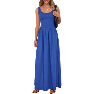 imagePRETTYGARDEN Womens Summer Casual Scoop Neck Sleeveless Long Dresses Tank Top Patchwork Aline Swing Maxi Dress with PocketsBlue