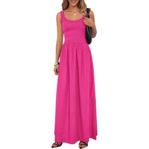 imagePRETTYGARDEN Womens Summer Casual Scoop Neck Sleeveless Long Dresses Tank Top Patchwork Aline Swing Maxi Dress with PocketsRose Red