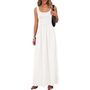 imagePRETTYGARDEN Womens Summer Casual Scoop Neck Sleeveless Long Dresses Tank Top Patchwork Aline Swing Maxi Dress with PocketsWhite