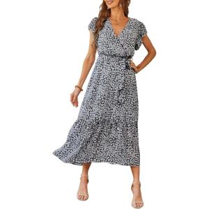 imagePRETTYGARDEN Womens Summer Floral Boho Dress Wrap V Neck Short Sleeve Ruffle ALine Flowy Maxi Wedding Guest DressesBlack