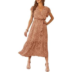 imagePRETTYGARDEN Womens Summer Floral Boho Dress Wrap V Neck Short Sleeve Ruffle ALine Flowy Maxi Wedding Guest DressesCoffee