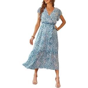 imagePRETTYGARDEN Womens Summer Floral Boho Dress Wrap V Neck Short Sleeve Ruffle ALine Flowy Maxi Wedding Guest DressesDark Blue