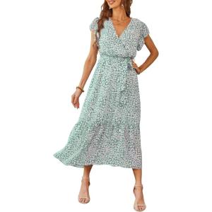 imagePRETTYGARDEN Womens Summer Floral Boho Dress Wrap V Neck Short Sleeve Ruffle ALine Flowy Maxi Wedding Guest DressesGreen01
