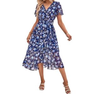 imagePRETTYGARDEN Womens Summer Floral Boho Dress Wrap V Neck Short Sleeve Ruffle ALine Flowy Maxi Wedding Guest DressesNavy White Floral