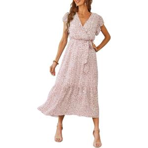 imagePRETTYGARDEN Womens Summer Floral Boho Dress Wrap V Neck Short Sleeve Ruffle ALine Flowy Maxi Wedding Guest DressesPink