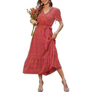 imagePRETTYGARDEN Womens Summer Floral Boho Dress Wrap V Neck Short Sleeve Ruffle ALine Flowy Maxi Wedding Guest DressesRed Floral