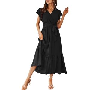 imagePRETTYGARDEN Womens Summer Floral Boho Dress Wrap V Neck Short Sleeve Ruffle ALine Flowy Maxi Wedding Guest DressesSolid Black