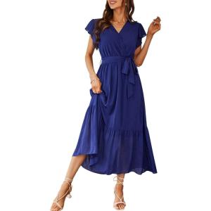 imagePRETTYGARDEN Womens Summer Floral Boho Dress Wrap V Neck Short Sleeve Ruffle ALine Flowy Maxi Wedding Guest DressesSolid Blue