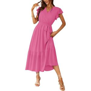 imagePRETTYGARDEN Womens Summer Floral Boho Dress Wrap V Neck Short Sleeve Ruffle ALine Flowy Maxi Wedding Guest DressesSolid Rose Red