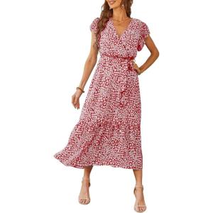 imagePRETTYGARDEN Womens Summer Floral Boho Dress Wrap V Neck Short Sleeve Ruffle ALine Flowy Maxi Wedding Guest DressesWine Red