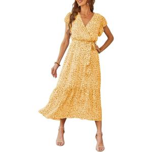imagePRETTYGARDEN Womens Summer Floral Boho Dress Wrap V Neck Short Sleeve Ruffle ALine Flowy Maxi Wedding Guest DressesYellow