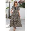 imagePRETTYGARDEN Summer Dresses for Women 2025 V Neck Puff Short Sleeve ALine Floral Flowy Long Maxi Boho Tiered Beach DressesBlack Brown Leopard
