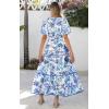 imagePRETTYGARDEN Summer Dresses for Women 2025 V Neck Puff Short Sleeve ALine Floral Flowy Long Maxi Boho Tiered Beach DressesWhite Blue Flower