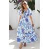 imagePRETTYGARDEN Summer Dresses for Women 2025 V Neck Puff Short Sleeve ALine Floral Flowy Long Maxi Boho Tiered Beach DressesWhite Blue Flower