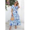 imagePRETTYGARDEN Summer Dresses for Women 2025 V Neck Puff Short Sleeve ALine Floral Flowy Long Maxi Boho Tiered Beach DressesWhite Blue Flower
