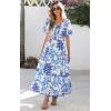 imagePRETTYGARDEN Summer Dresses for Women 2025 V Neck Puff Short Sleeve ALine Floral Flowy Long Maxi Boho Tiered Beach DressesWhite Blue Flower