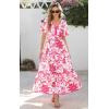 imagePRETTYGARDEN Summer Dresses for Women 2025 V Neck Puff Short Sleeve ALine Floral Flowy Long Maxi Boho Tiered Beach DressesWhite Rose Red Flower