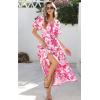 imagePRETTYGARDEN Summer Dresses for Women 2025 V Neck Puff Short Sleeve ALine Floral Flowy Long Maxi Boho Tiered Beach DressesWhite Rose Red Flower