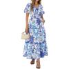 imagePRETTYGARDEN Summer Dresses for Women 2025 V Neck Puff Short Sleeve ALine Floral Flowy Long Maxi Boho Tiered Beach DressesWhite Blue Flower