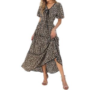 imagePRETTYGARDEN Summer Dresses for Women 2025 V Neck Puff Short Sleeve ALine Floral Flowy Long Maxi Boho Tiered Beach DressesBlack Brown Leopard