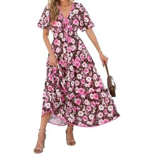 imagePRETTYGARDEN Summer Dresses for Women 2025 V Neck Puff Short Sleeve ALine Floral Flowy Long Maxi Boho Tiered Beach DressesCoffee Pink Flower