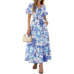 imagePRETTYGARDEN Summer Dresses for Women 2025 V Neck Puff Short Sleeve ALine Floral Flowy Long Maxi Boho Tiered Beach DressesWhite Blue Flower