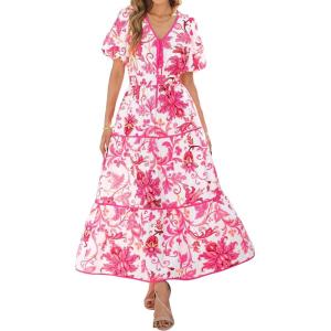 imagePRETTYGARDEN Summer Dresses for Women 2025 V Neck Puff Short Sleeve ALine Floral Flowy Long Maxi Boho Tiered Beach DressesWhite Rose Red Flower