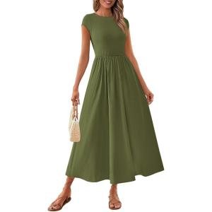 imagePRETTYGARDEN Womens Summer Casual Long Dresses Cap Sleeve Patchwork A Line Flowy Modest Elegant Homecoming Maxi DressArmy Green
