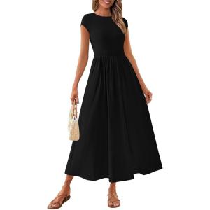 imagePRETTYGARDEN Womens Summer Casual Long Dresses Cap Sleeve Patchwork A Line Flowy Modest Elegant Homecoming Maxi DressBlack