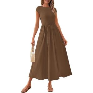 imagePRETTYGARDEN Womens Summer Casual Long Dresses Cap Sleeve Patchwork A Line Flowy Modest Elegant Homecoming Maxi DressDark Coffee