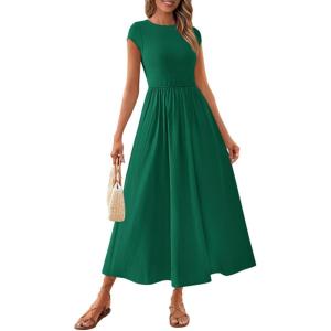 imagePRETTYGARDEN Womens Summer Casual Long Dresses Cap Sleeve Patchwork A Line Flowy Modest Elegant Homecoming Maxi DressDark Green