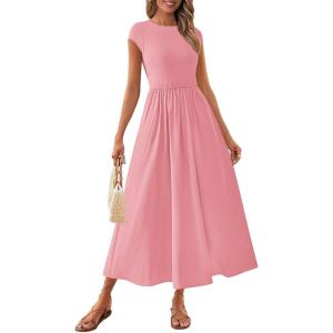 imagePRETTYGARDEN Womens Summer Casual Long Dresses Cap Sleeve Patchwork A Line Flowy Modest Elegant Homecoming Maxi DressPink
