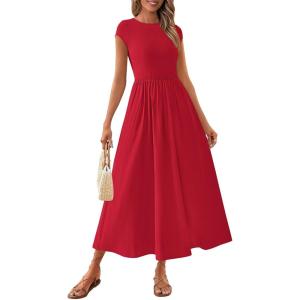 imagePRETTYGARDEN Womens Summer Casual Long Dresses Cap Sleeve Patchwork A Line Flowy Modest Elegant Homecoming Maxi DressRed