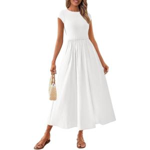 imagePRETTYGARDEN Womens Summer Casual Long Dresses Cap Sleeve Patchwork A Line Flowy Modest Elegant Homecoming Maxi DressWhite